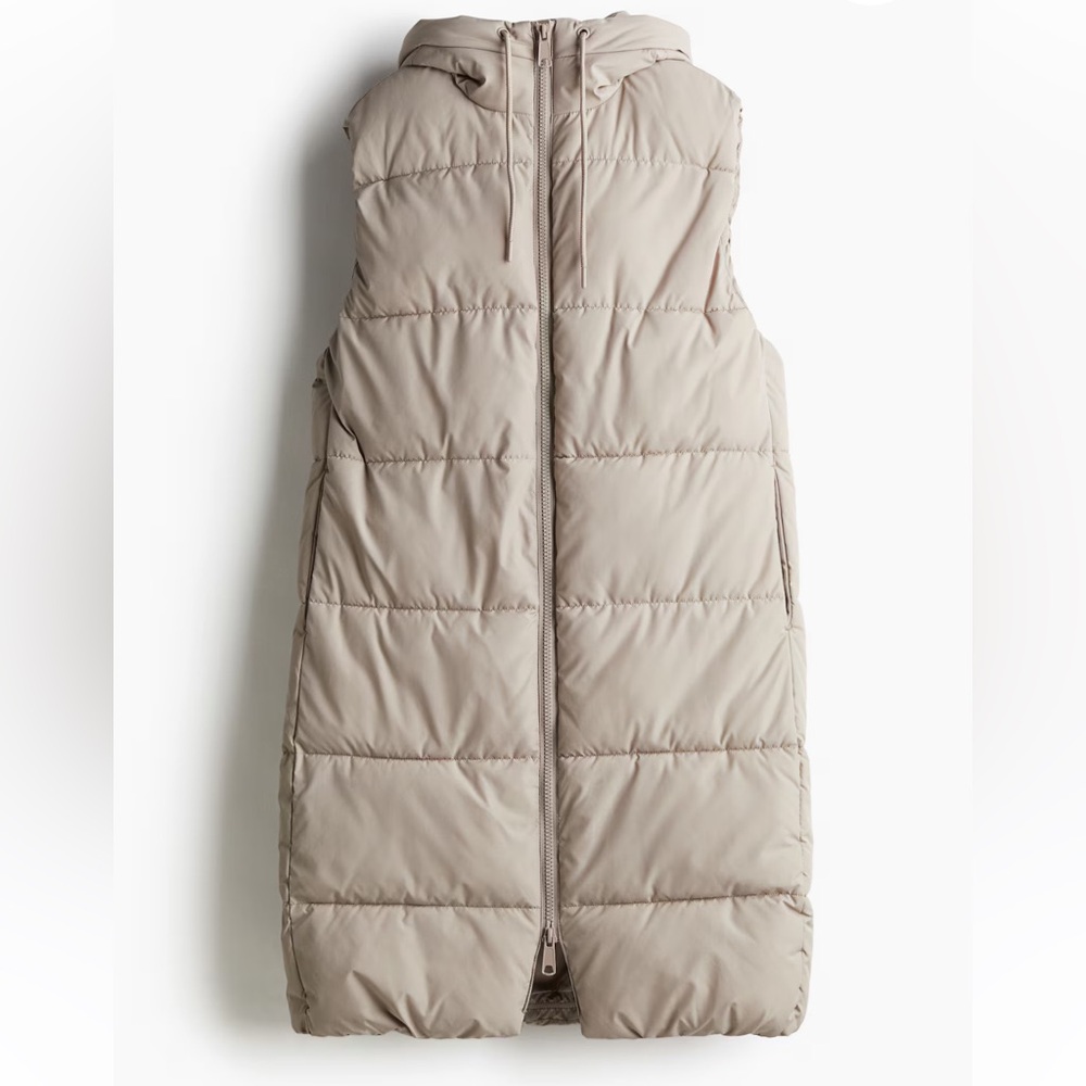 H&M Long Hooded Puffer Vest Ivory Light Beige Small